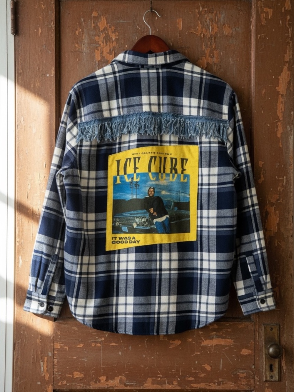 Ice Cube Upcycled Flannel Graphic T Shirt Denim Fringe